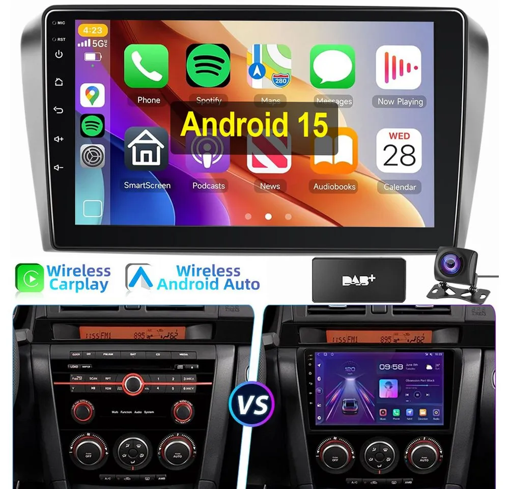 ESSGOO 9" Android 15 Autoradio Für Mazda 3 2003-2009 BK Carpaly Navi WIFI BT Autoradio (4+4GB optional, BT, FM AM SWC RDS)