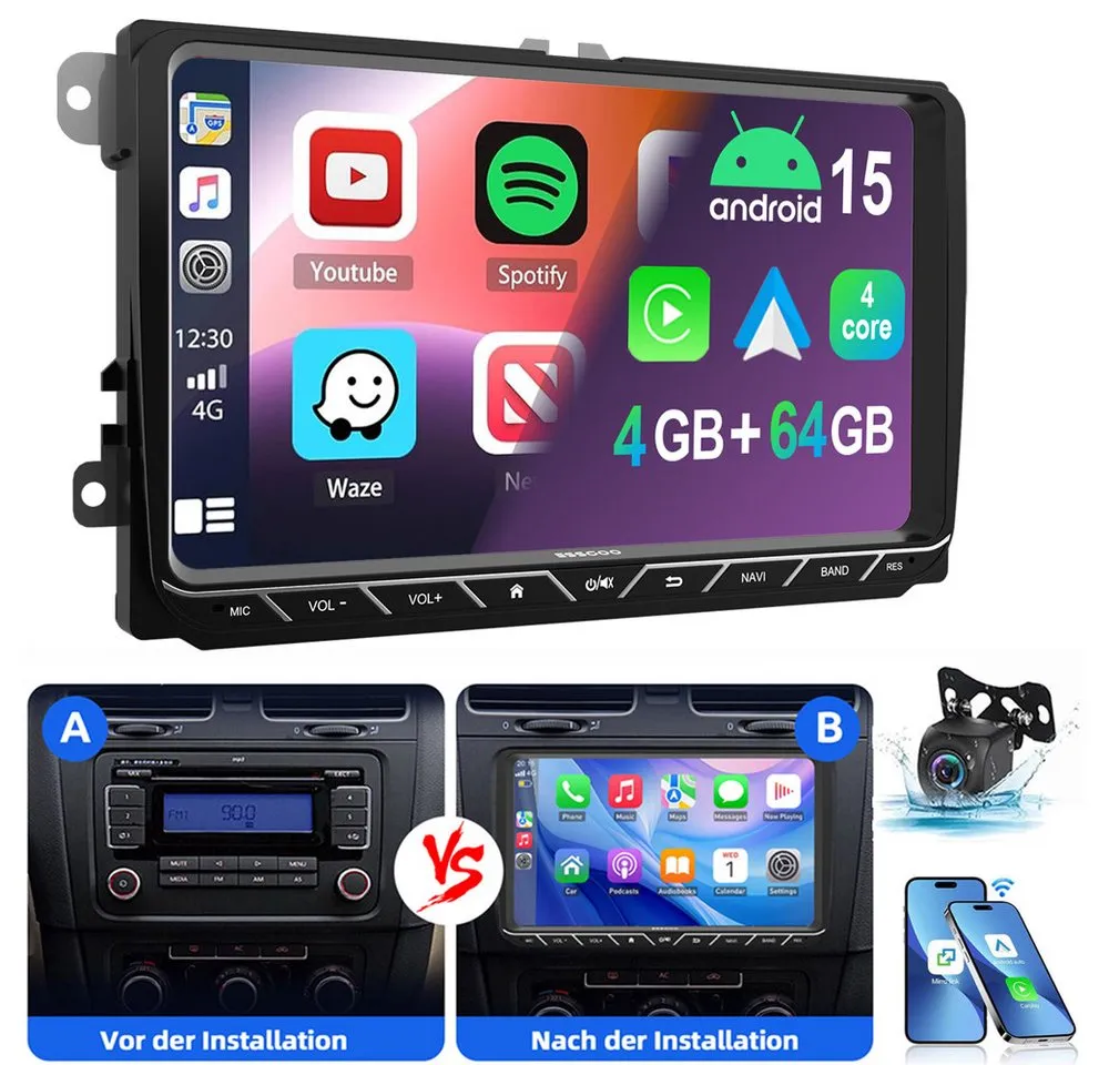 ESSGOO 9" Android 15 Für VW Golf 5 6 Polo Passat Touran Sharan EOS Tiguan Autoradio (RDS, Digitalradio (DAB), FM, AM, Carplay Android Auto Navi WIFI BT EQ)
