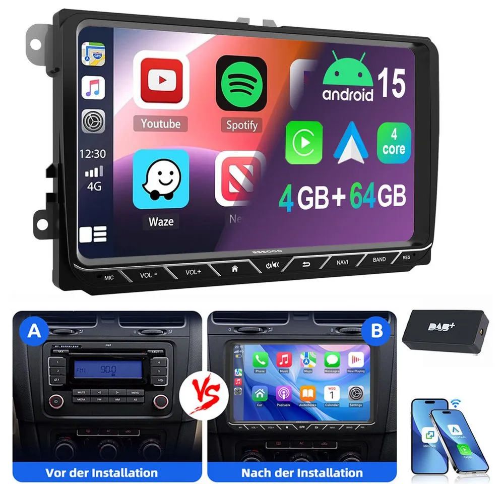 ESSGOO 9" Android 15 Für VW Golf 5 6 Polo Passat Touran Sharan EOS Tiguan Autoradio (RDS, Digitalradio (DAB), FM, AM, Carplay Android Auto Navi WIFI BT EQ)