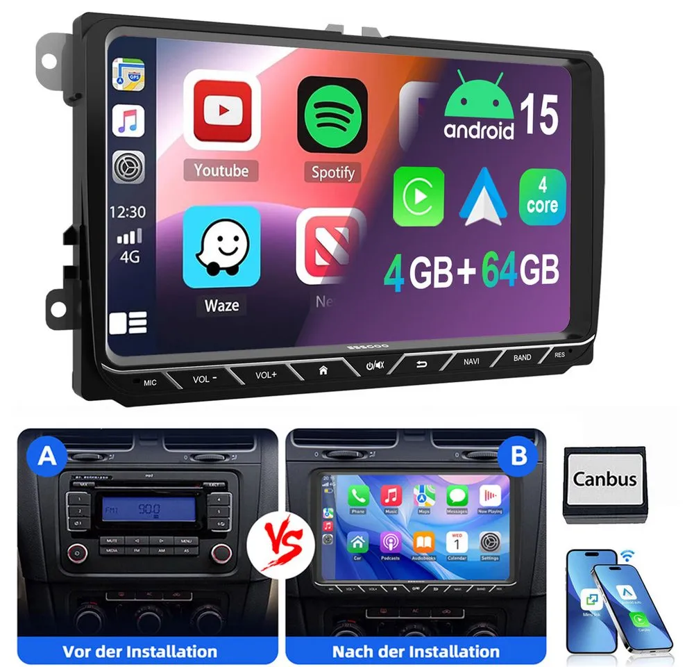 ESSGOO 9" Android 15 Für VW Golf 5 6 Polo Passat Touran Sharan EOS Tiguan Autoradio (RDS, Digitalradio (DAB), FM, AM, Carplay Android Auto Navi WIFI BT EQ)