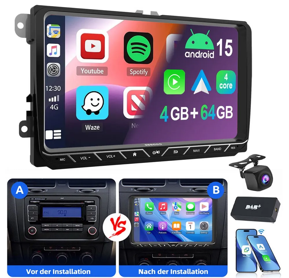 ESSGOO 9" Android 15 Für VW Golf 5 6 Polo Passat Touran Sharan EOS Tiguan Autoradio (RDS, Digitalradio (DAB), FM, AM, Carplay Android Auto Navi WIFI BT EQ)