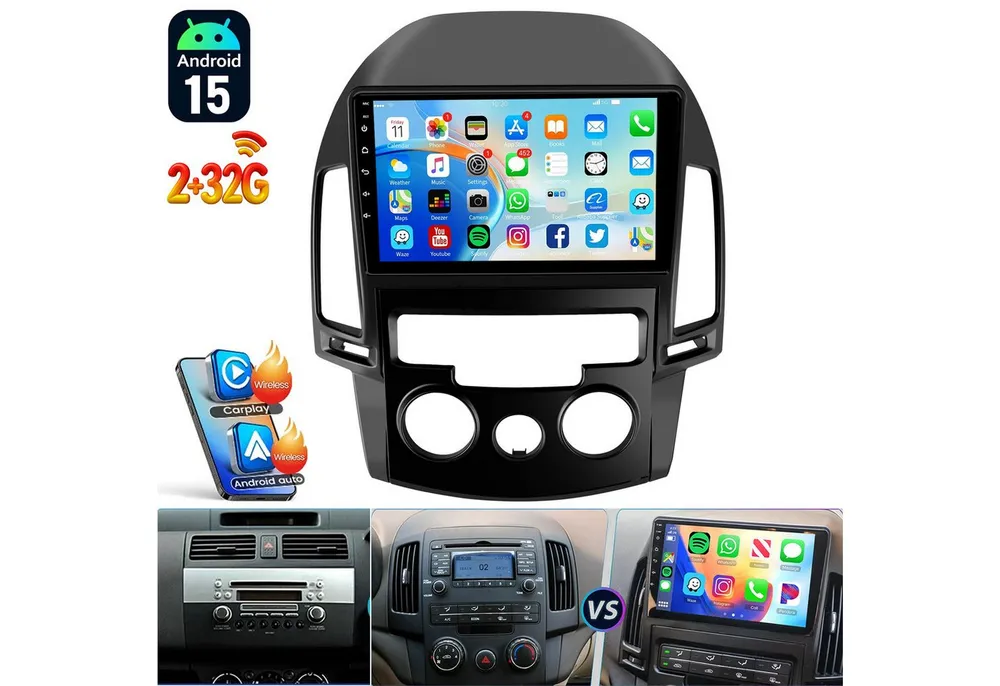 ESSGOO 9'' DAB+ Für Hyundai i30 MK1 FD 2006-11 Android 15 Carplay GPS Navi BT Autoradio (RDS, 2+64GB(optional), FM, AM, DAB+ (optional), Wireless Apple Carplay & Android Auto,2 DIN,WiFi)