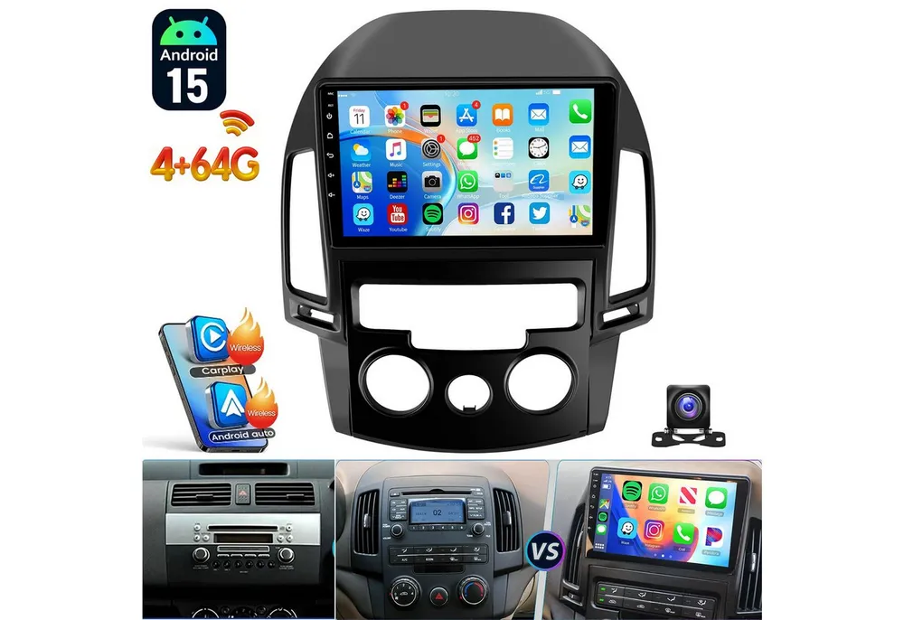 ESSGOO 9'' DAB+ Für Hyundai i30 MK1 FD 2006-11 Android 15 Carplay GPS Navi BT Autoradio (RDS, 2+64GB(optional), FM, AM, DAB+ (optional), Wireless Apple Carplay & Android Auto,2 DIN,WiFi)