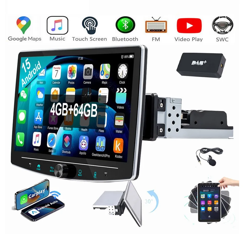 ESSGOO Android 15 Carplay Autoradio GPS RDS BT 1 DIN 360° Drehbar Bildschirm Autoradio (RDS, Digitalradio (DAB), FM, AM)