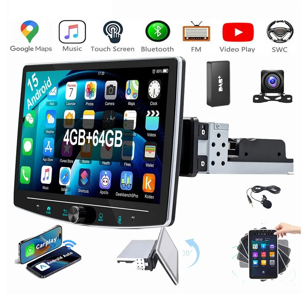 ESSGOO Android 15 Carplay Autoradio GPS RDS BT 1 DIN 360° Drehbar Bildschirm Autoradio (RDS, Digitalradio (DAB), FM, AM)