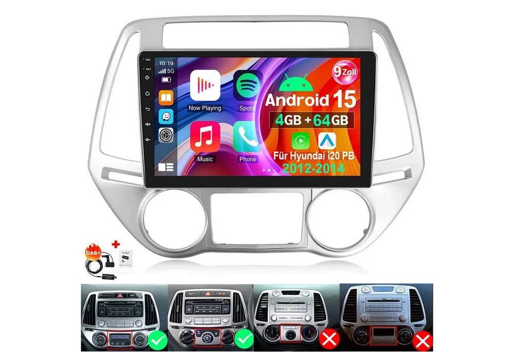 ESSGOO Android 15 Für Hyundai i20 PB 2012-2014 Carplay GPS Navi WIFI RDS Autoradio (RDS, 4+64GB(optional), DAB (optional), FM, AM, DAB+ (optional), Carplay Android Auto Bluetooth EQ USB GPS Navi WIFI Touchscreen)