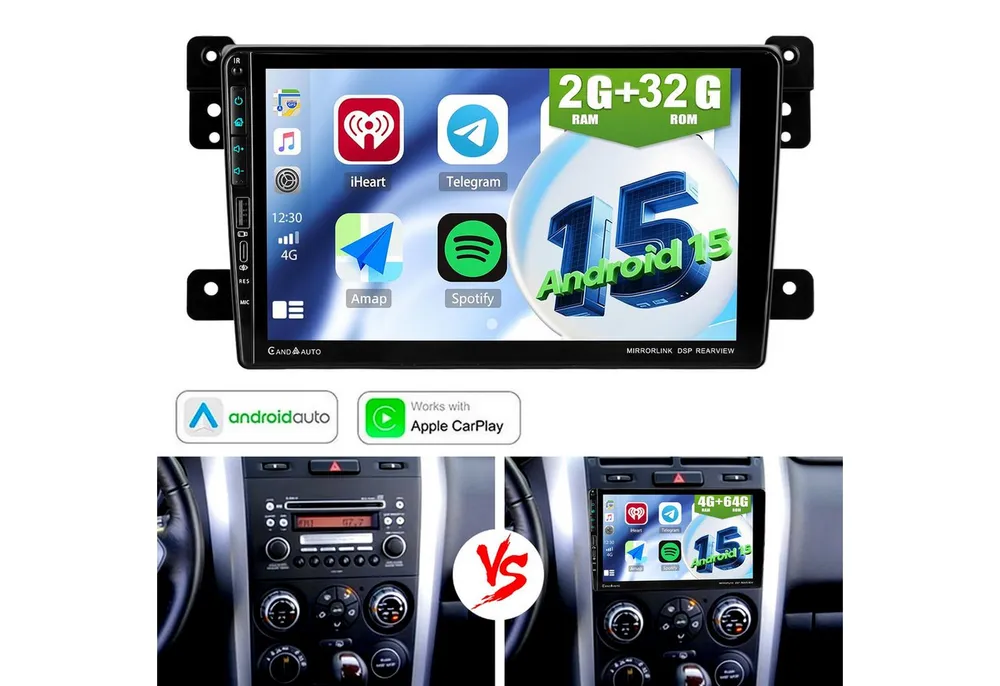 ESSGOO Android15 AutoRadio für Suzuki Grand Vitara 2005-15 mit USB und Type-C Autoradio (Digitalradio (DAB), 4+64GB(optional), RDS, AM, FM, Apple Carplay Android Auto GPS Navi WIFI BT EQ)