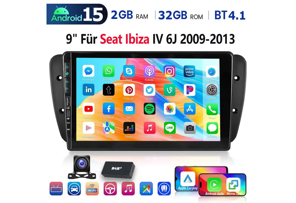ESSGOO Android15 Für Seat Ibiza IV 6J 2009-2013 Carplay GPS Mit USB Type-C BT Autoradio (RDS, 4+64GB(optional), Digitalradio (DAB), DAB+ (optional), AM/FM, Carplay Android Auto Bluetooth EQ USB GPS Navi WIFI Touchscreen)