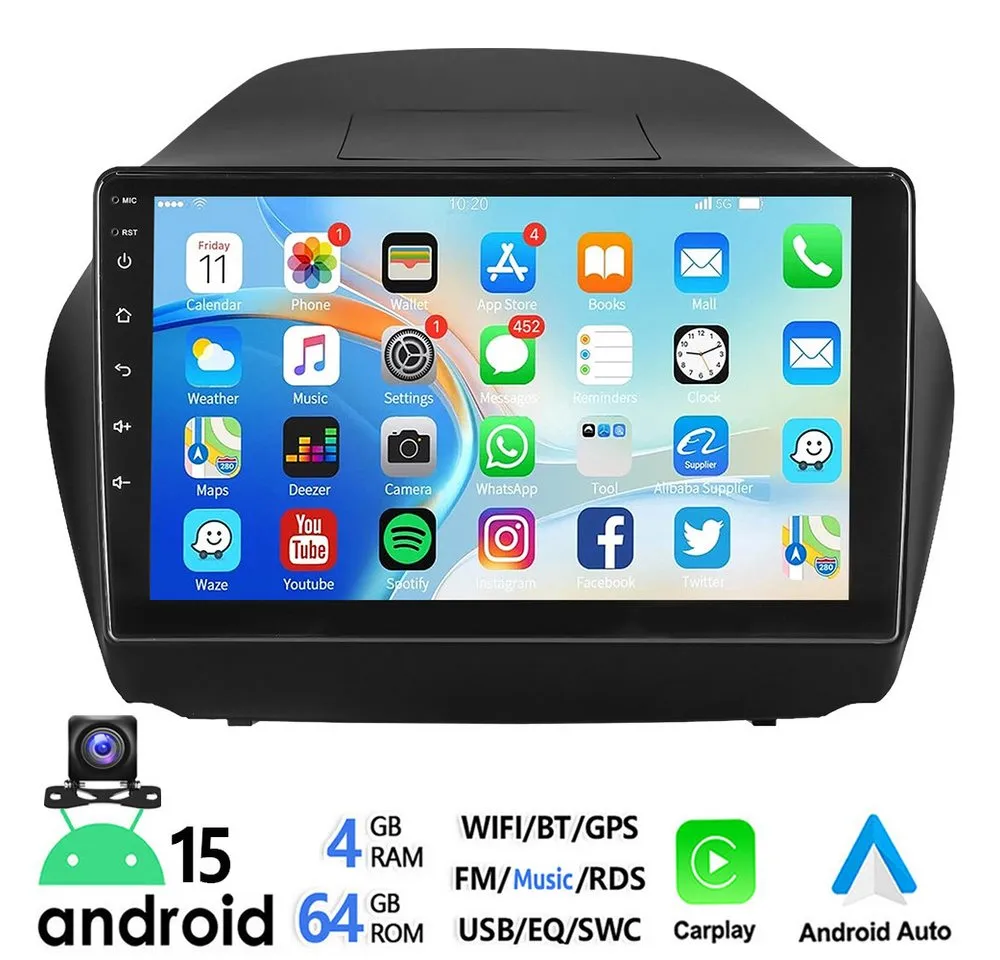 ESSGOO DAB+ 10'' Android 15 Für Hyundai iX35 10-15 Carplay Bluetooth GPS WiFi Autoradio (RDS, 4+64GB(optional), FM, AM, DAB+ (optional), Apple Carplay Android Auto GPS Navi WIFI BT EQ)