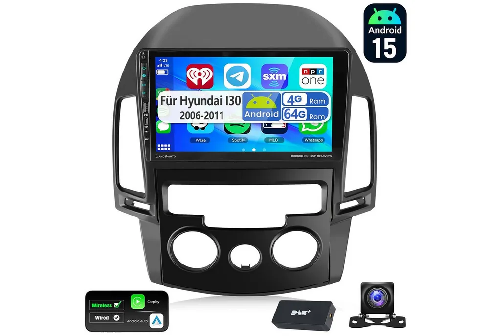 ESSGOO DAB+ 64G Für Hyundai I30 2006-11 Android 15 Autoradio Carplay GPS Navi Autoradio (RDS, 4+64GB(optional), Digitalradio (DAB), FM, AM, Carplay Android Auto Bluetooth EQ USB GPS Navi WIFI Touchscreen)