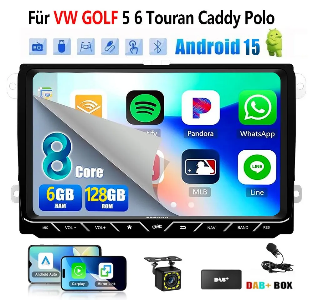 ESSGOO DAB+ Android15 6+128G Carplay GPS 4G Für VW GOLF 5 6 Touran Caddy Polo Autoradio (6GB+128GB, RDS, 4G LTE, FM, AM, DAB+ (optional), Carplay Android Auto Bluetooth EQ USB GPS Navi WIFI Touchscreen)