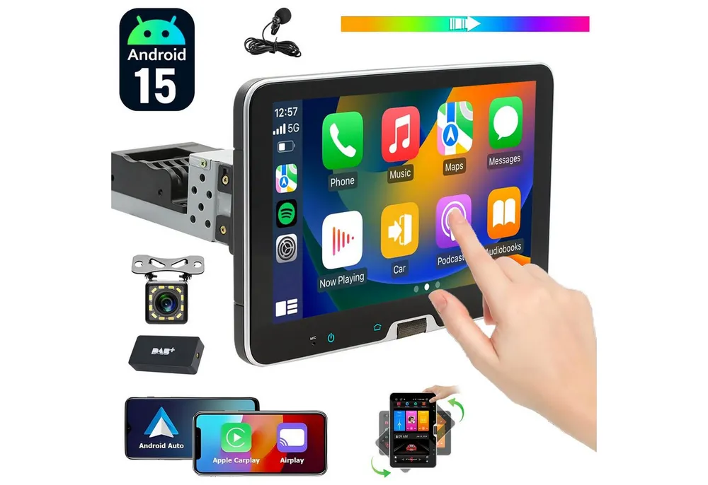 ESSGOO DAB+ Autoradio 1DIN Android 15 Carplay 128/64GB Navi WiFi 360° drehbar Navigationsgerät (Carplay Android Auto Bluetooth EQ USB GPS Navi WIFI Touchscreen)
