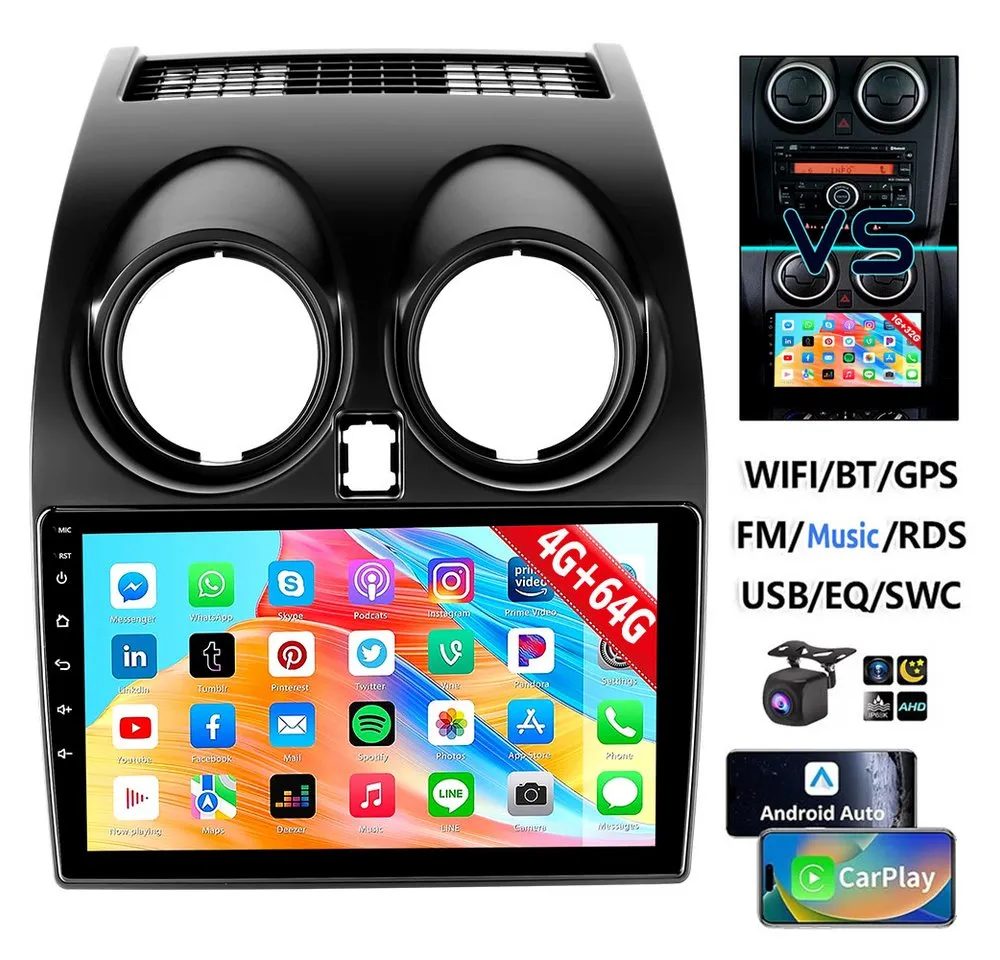 ESSGOO DAB+ Carplay Für Nissan Qashqai J10 2007-2015 GPS Navi Android 15 RDS Autoradio (4+64GB(optional), FM, AM, DAB+ (optional), Carplay Android Auto Bluetooth EQ USB GPS Navi WIFI Touchscreen)