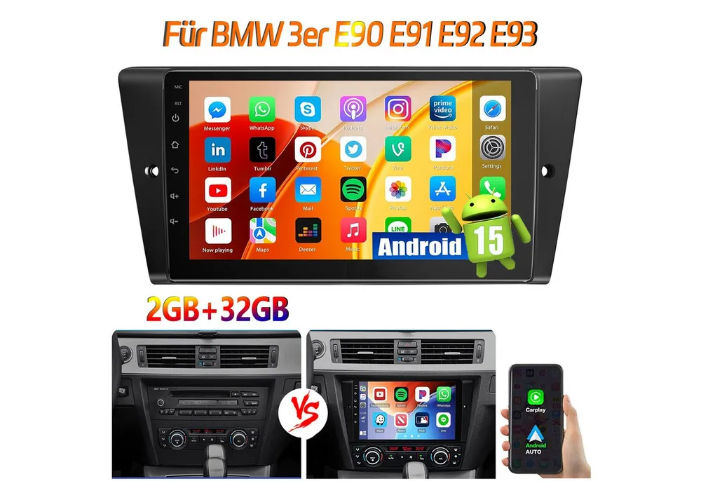 ESSGOO DAB+ Für BMW 3er E90 E91 E92 E93 9'' Carplay Android15 GPS WIFI BT Autoradio (RDS, 4+64GB(optional), DAB (optional), FM, AM, DAB+ (optional), Carplay Android Auto Bluetooth EQ USB GPS Navi WIFI Touchscreen)