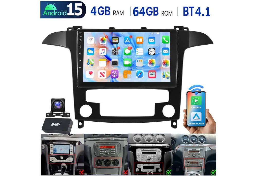ESSGOO DAB+ Für Ford S-Max 2007-15 Android 15 Autoradio Carplay GPS Navi RDS Autoradio (RDS, 4+64GB(optional), Digitalradio (DAB), FM, AM, Carplay Android Auto Bluetooth EQ USB GPS Navi WIFI Touchscreen)