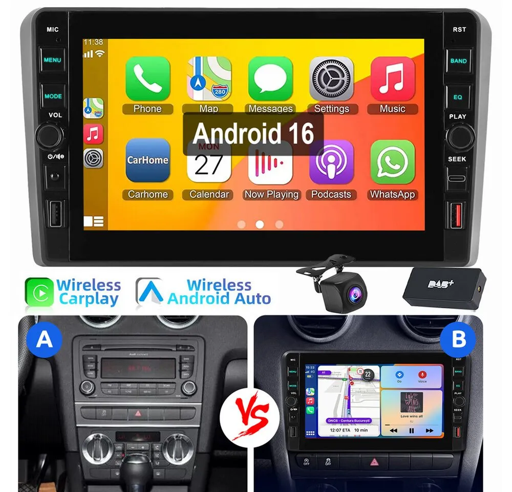 ESSGOO Für Audi A3 S3 RS3 8P 8V 8" Carplay Android 16 Autoradio 4+64G Autoradio (GPS NAVI RDS SWC USB WIFI)