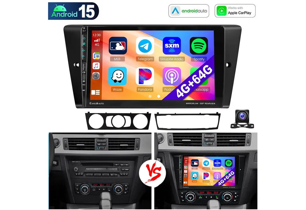 ESSGOO Für BMW 3ER E90 E91 E92 E93 Carplay RDS Android 15 Autoradio GPS Navi Autoradio (RDS, 4+64GB(optional), DAB (optional), FM, AM, DAB+ (optional), Carplay Android Auto Bluetooth EQ USB GPS Navi WIFI Touchscreen)