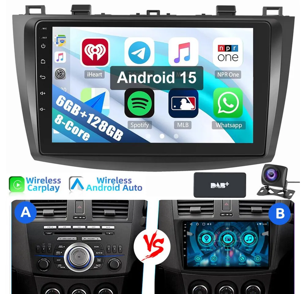 ESSGOO Für Mazda 3 BL 2010-2013 8-Kern 6+128GB RDS ASP 4G-LTE Android 15 Autoradio (RDS, Digitalradio (DAB), FM, AM, Carplay Android Auto Navi 4G LTE WIFI BT SWC)