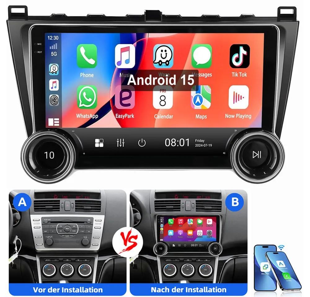 ESSGOO Für Mazda 6 GH GG 2007-2012 Android 15 Doppelknopf Autoradio (RDS, Digitalradio (DAB), FM, AM, Apple Carplay Android Auto SWC EQ BT)