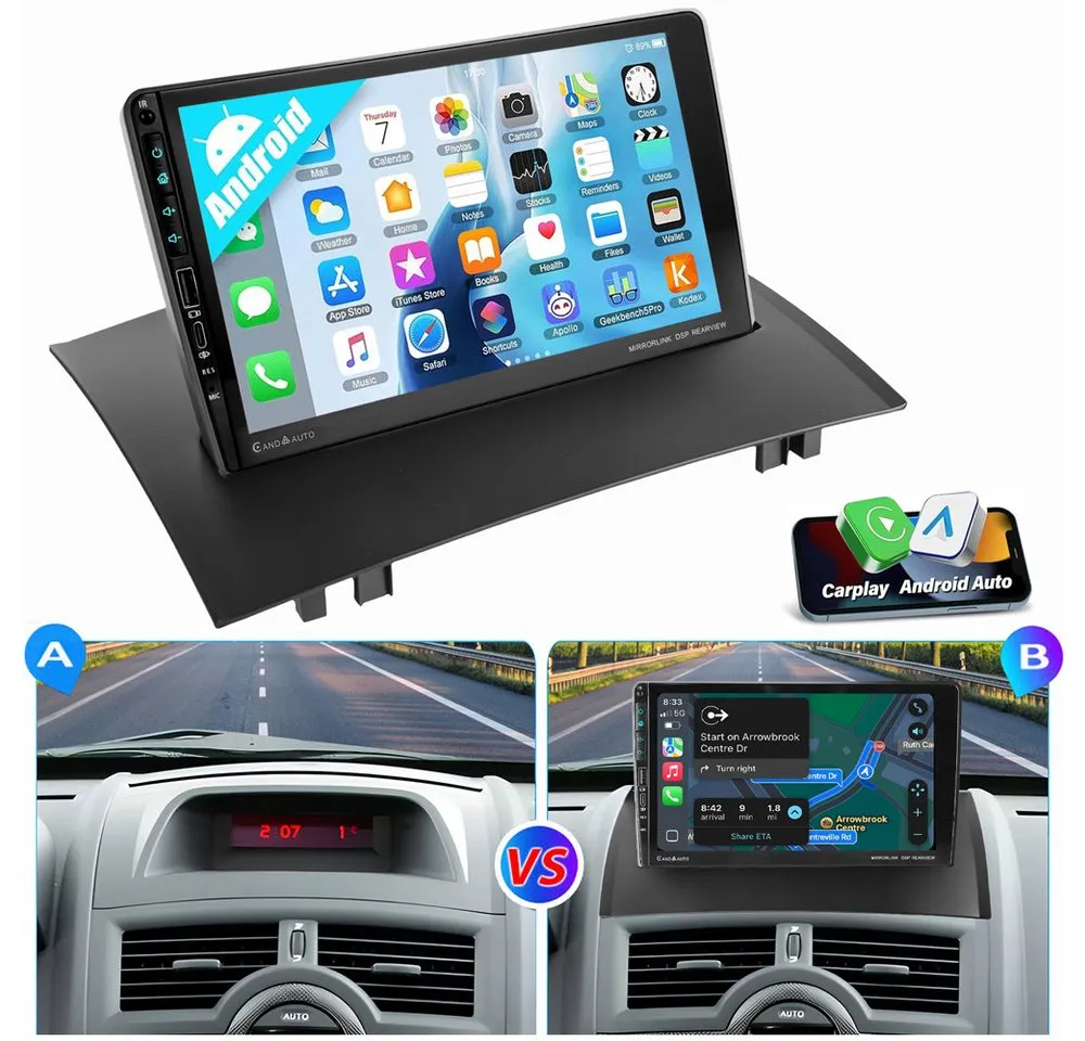 ESSGOO Für Renault Megane II 2002-2009 Android 15 2DIN USB Autoradio (RDS, Digitalradio (DAB), FM, 4+64GB optiona, AM, Carplay Android Auto SWC WIFI BT)