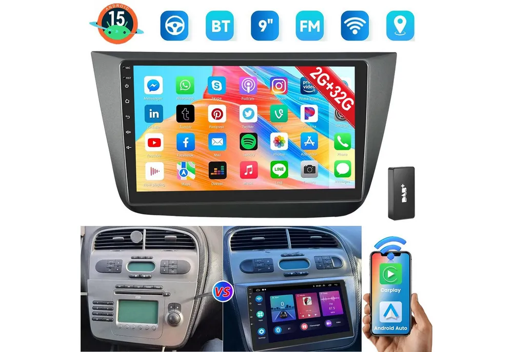 ESSGOO Für Seat Altea Toledo 2004-2015 Android15 mit CarPlay GPS Navi und RDS Autoradio (4+64GB(optional), FM, AM, DAB+ (optional), Carplay Android Auto Bluetooth EQ USB GPS Navi WIFI Touchscreen)