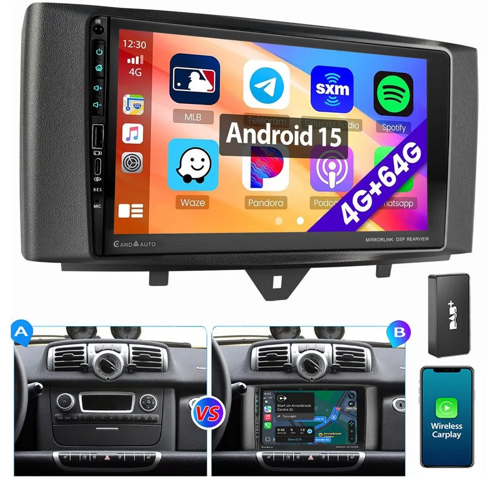 ESSGOO Für Smart Fortwo 451 2011-2015 Android Auto USB Carplay Autoradio (RDS, 4+64GB optional, Digitalradio (DAB), FM, AM, Carplay Android Auto GPS RDS SWC EQ)