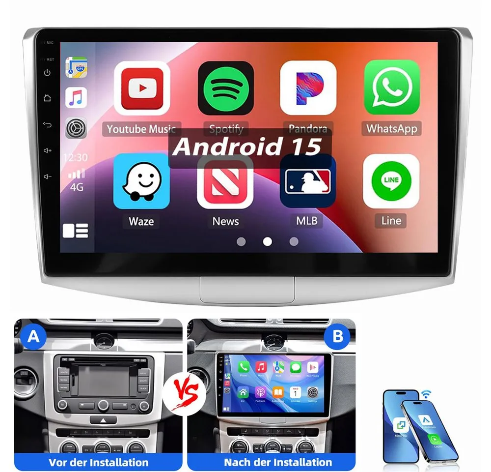 ESSGOO Für VW Passat B6 B7 CC 2010-2015 Carplay Autoradio Android 15 Autoradio (RDS, FM, GPS Navi WIFI Mirror Link SWC RDS)