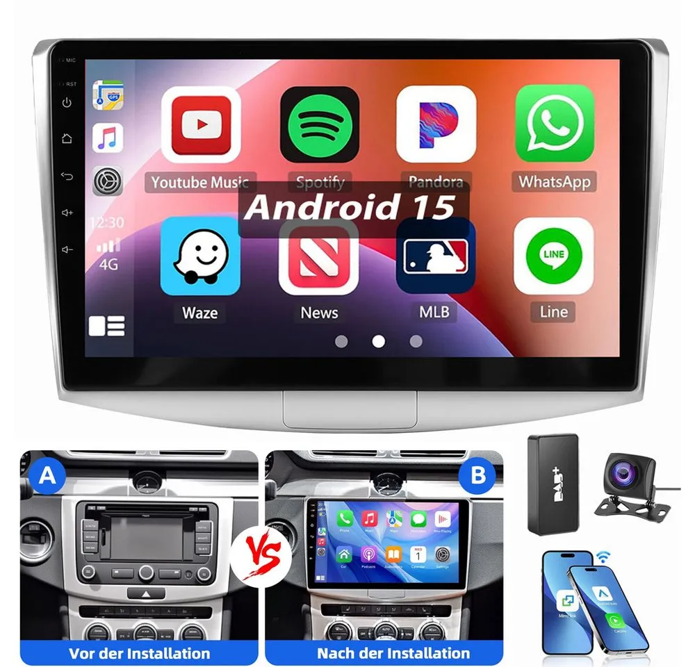 ESSGOO Für VW Passat B6 B7 CC 2010-2015 Carplay Autoradio Android 15 Autoradio (RDS, FM, GPS Navi WIFI Mirror Link SWC RDS)