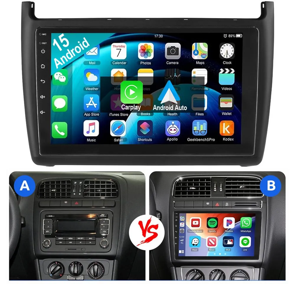 ESSGOO Für VW Polo 5 2009-2017 Andriod 15 Autoradio Autoradio (RDS, Digitalradio (DAB), FM, AM, Apple Carplay Android Auto GPS Navi WIFI BT SWC EQ)