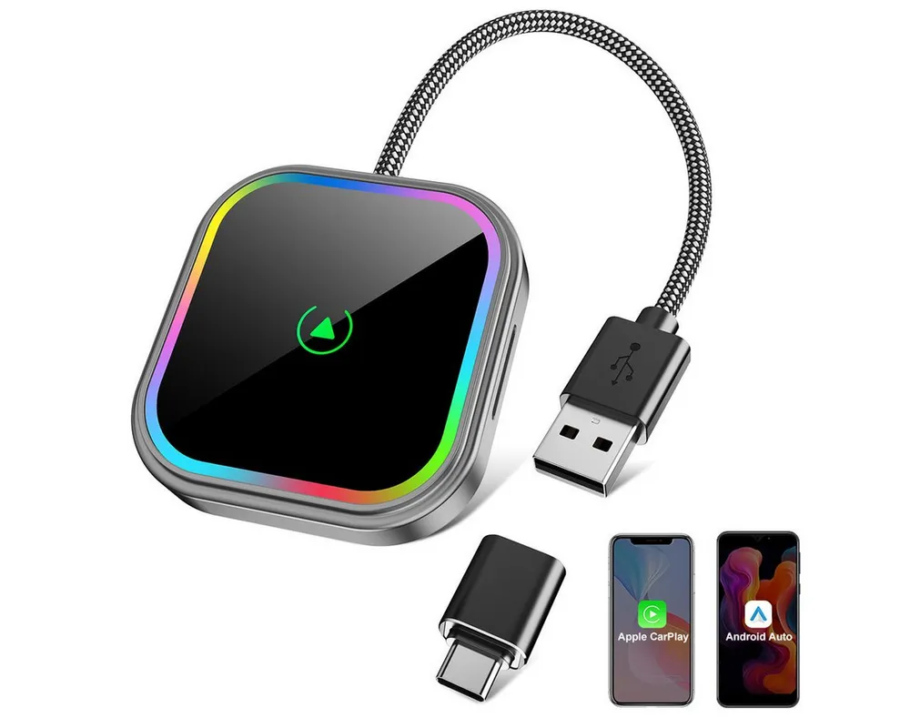 ESSGOO USB Wireless CarPlay Android Auto Adapter Bunte Lichter Plug & Play Adapter Type-C, USB zu Type-C, USB, WIFI Bluetooth 5.2 Sprachsteuerung kompatibel Autos mit Wired CarPlay