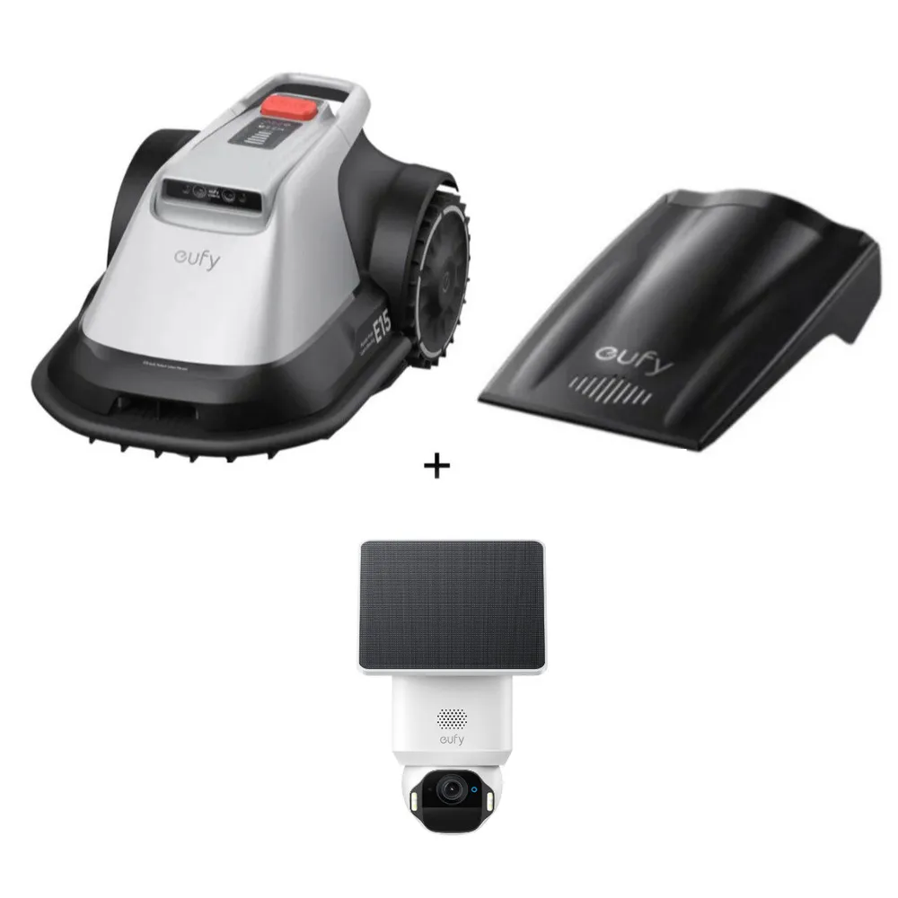 eufy Set - mit Mähroboter E15 (kabellos, bis 800 m²) + Garage + eufy SoloCam E42