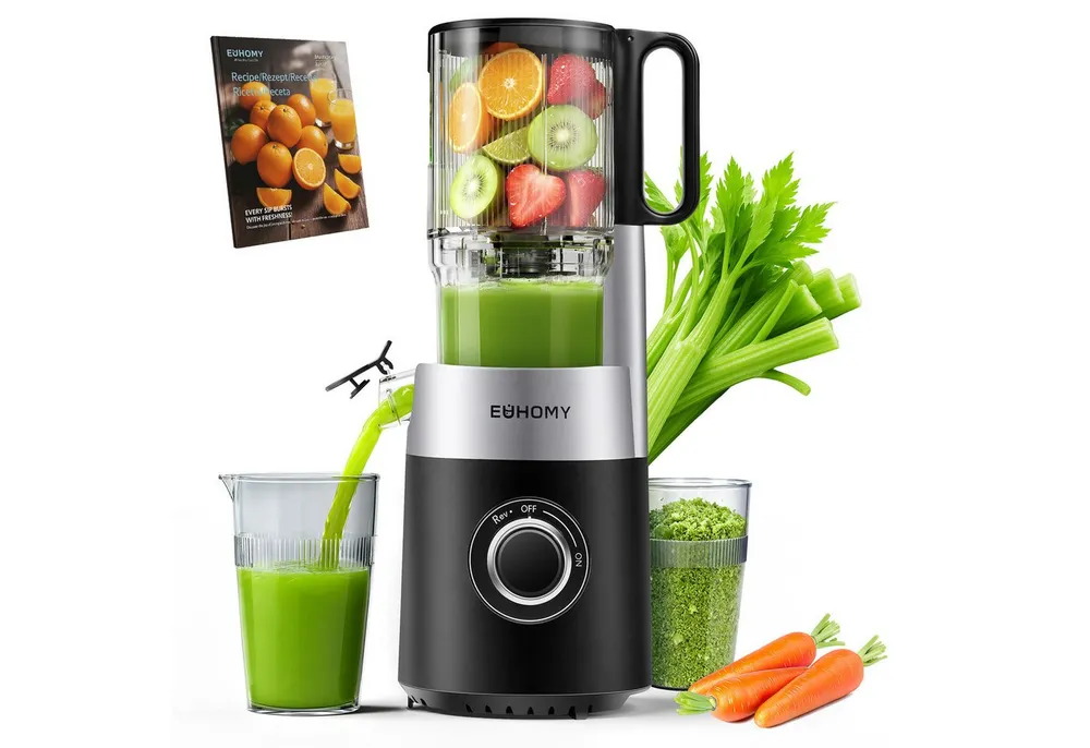 EUHOMY Slow Juicer mit 135MM Breite und Größere Fütterungsröhre, 220 W, für Ganze Gemüse Obst - Leicht zu Reinigender Entsafter mit 2 Gläsern