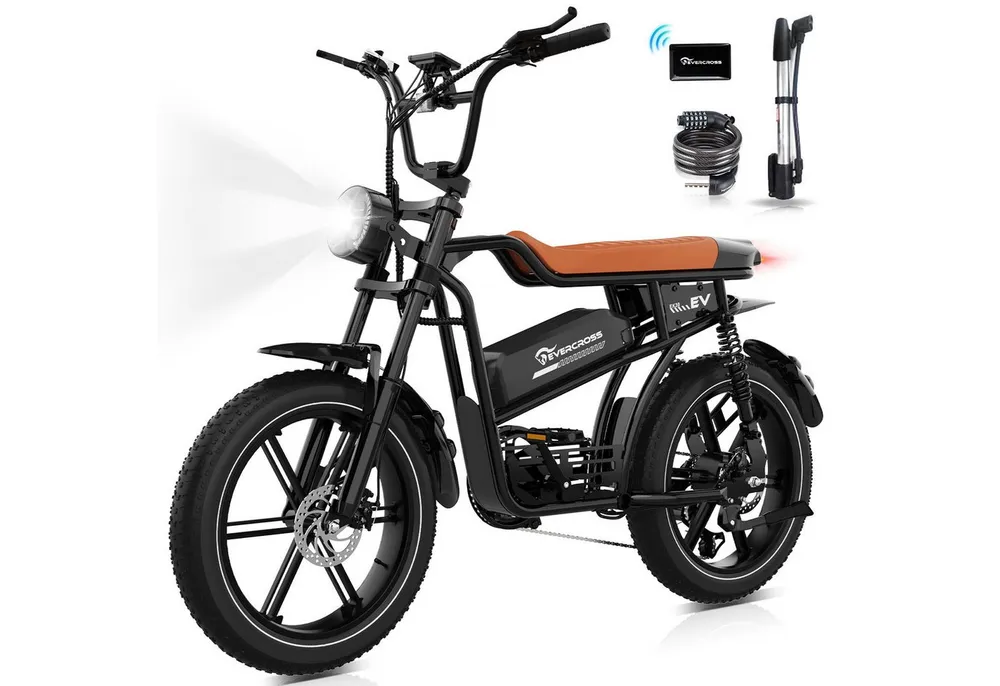 EVERCROSS TECH E-Bike 20” x 4,0 fette Reifen MTB, 48V 15,6AH Removable Battery, NFC, Heckmotor, 748,8 Wh, bis 55-100km, 7 Gang Shimano, Kettenschaltung, Heckmotor