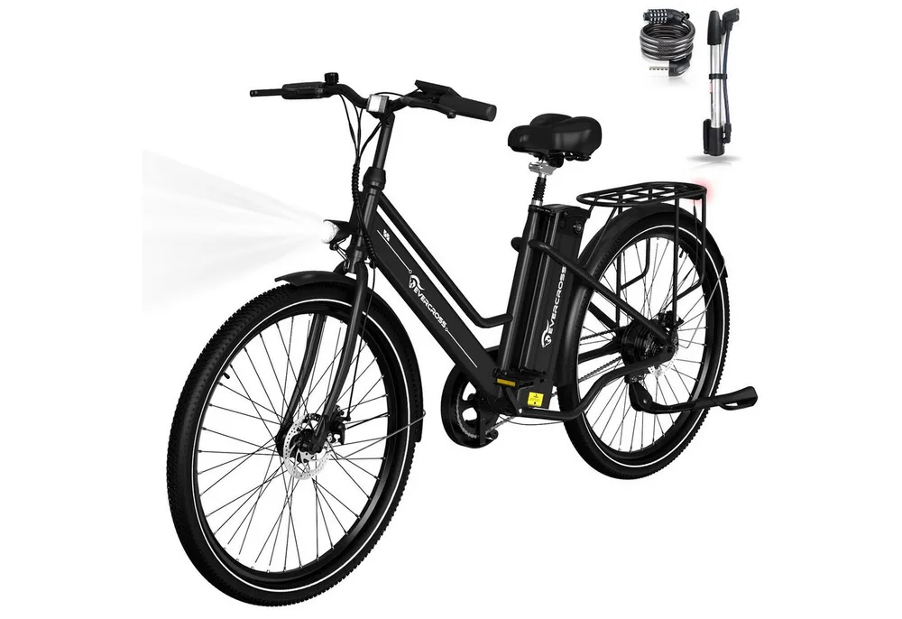 EVERCROSS TECH E-Bike Cityrad für Pendler,26-Zoll-Elektrofahrrad,36V 15,6AH Lithiumbatterie, Heckmotor, 561,6 Wh, 50-90Km, 1 Gang,E-Citybike mit Schloss, Pumpe