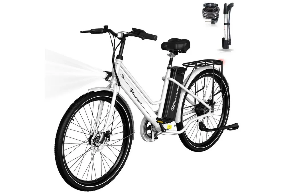 EVERCROSS TECH E-Bike Cityrad für Pendler,26-Zoll-Elektrofahrrad,36V 15,6AH Lithiumbatterie, Heckmotor, 561,6 Wh, 50-90Km, 1 Gang,E-Citybike mit Schloss, Pumpe