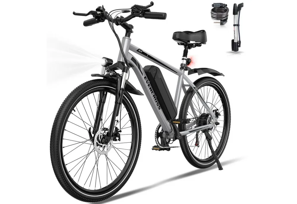 EVERCROSS TECH E-Bike Cityrad für Pendler,27,5-Zoll-Elektrofahrrad,36V 13AH AKKU, 7 Gang, Heckmotor, 468 Wh, 1 Gang, 250W, 468 Wh,E-Citybike mit Schloss, Pumpe