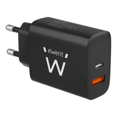 Ewent EW1319 Schnellladegerät mit 1x USB-C 20W mit Power Delivery + 1x USB-A QC3.0 Schwarz