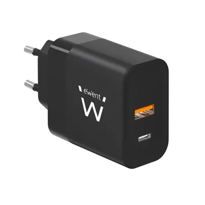 Ewent EW1327 GaN-Schnellladegerät 45 W mit 1 x USB-C-Anschluss + 1 x USB-A-Anschluss QC 2.0/PD 3.0 Schwarz