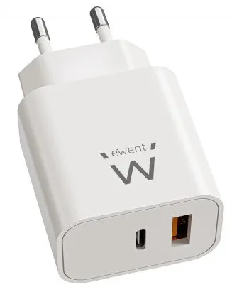 Schnelllader Ewent EW1318 20W USB-C PD und USB-A QC GaN Kompakt