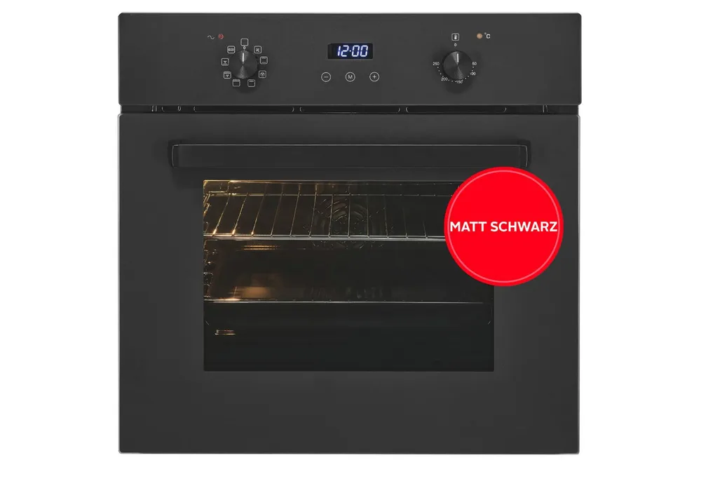 exquisit Backofen EBE367-H-120 mattschwarz, Heißluft & dreifach verglaste Tür – Wärme bleibt sicher im Ofen!