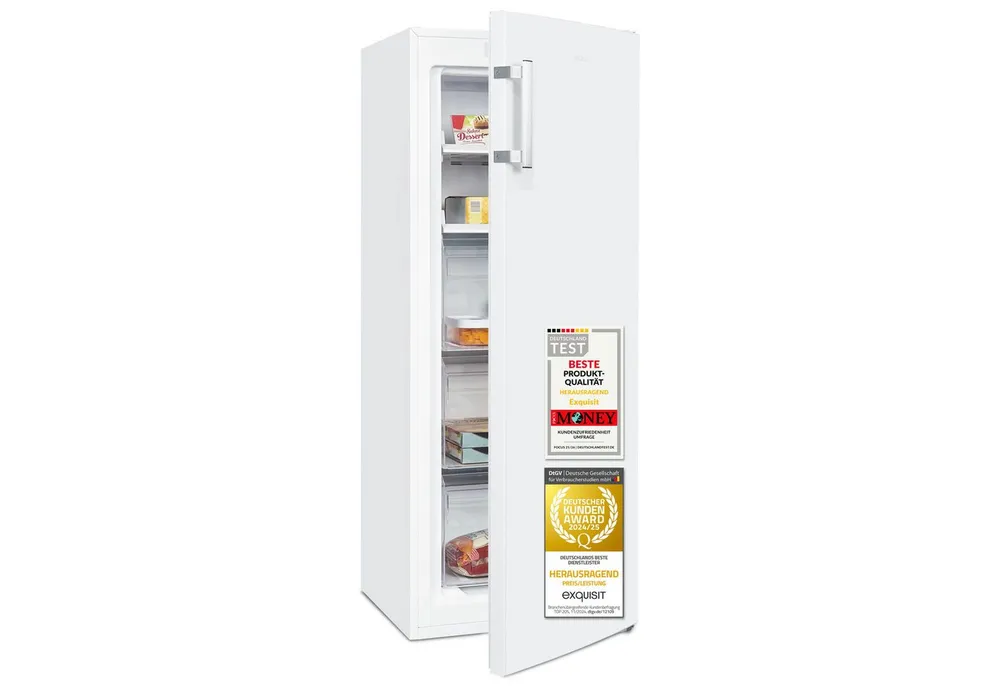 exquisit Gefrierschrank GS5231-NF-H-040C weiss, 143 cm hoch, 54 cm breit, NoFrost, Abtauverfahren automatisch, Schnellgefrierfunktion