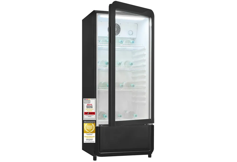 exquisit Getränkekühlschrank GKS180-GT-431D, 132.5 cm hoch, 54 cm breit, 200l Glastürkühlschrank mit LED, Umluftventilator, 3 Ablagen, CoolPro