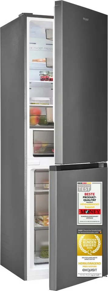 exquisit Kühl-/Gefrierkombination KGC340-115-NF-040C inoxlook-az, 186 cm hoch, 59,5 cm breit, NoFrost Technologie für dauerhaft eisfrei ohne Abtauen