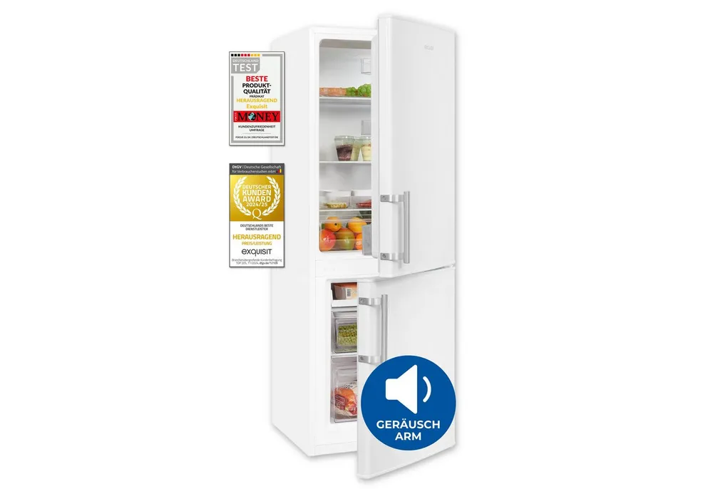 exquisit Kühl-/Gefrierkombination KGC5233-60-HE-040D, 142.5 cm hoch, 50 cm breit, 173 Liter, Alarm-Funktion, 4-Sterne-Gefrierfach, 3 Glasablagen