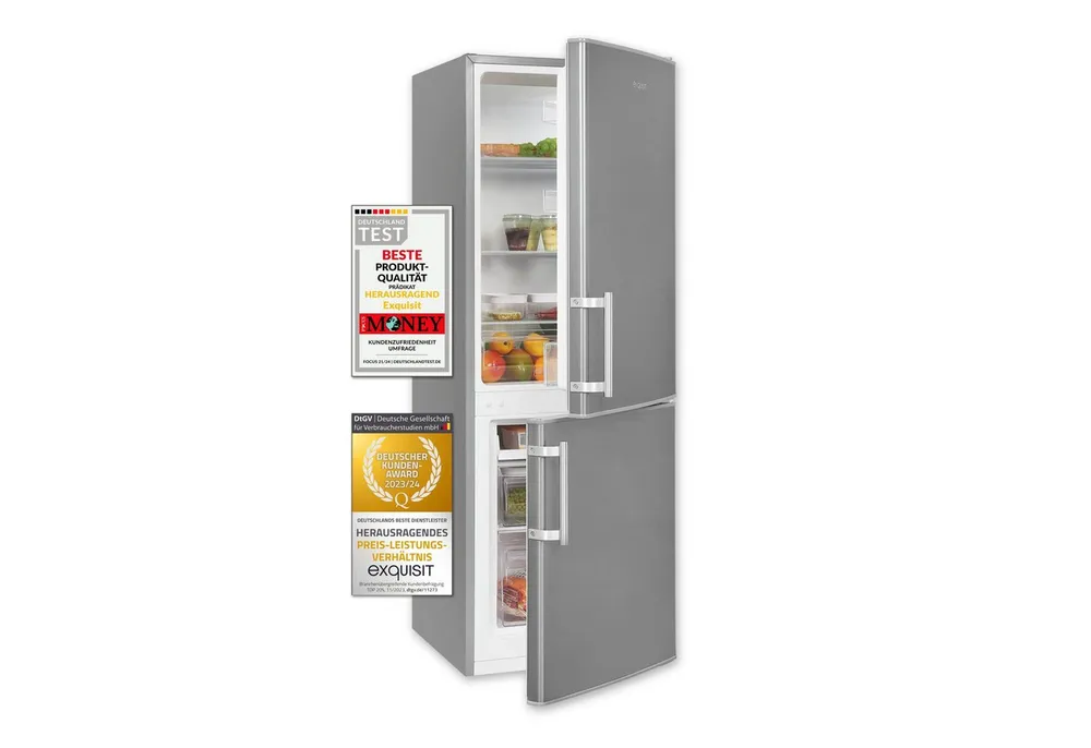 exquisit Kühl-/Gefrierkombination KGC5233-60-HE-040D, 142.5 cm hoch, 50 cm breit, 173 Liter, Alarm-Funktion, 4-Sterne-Gefrierfach, 3 Glasablagen