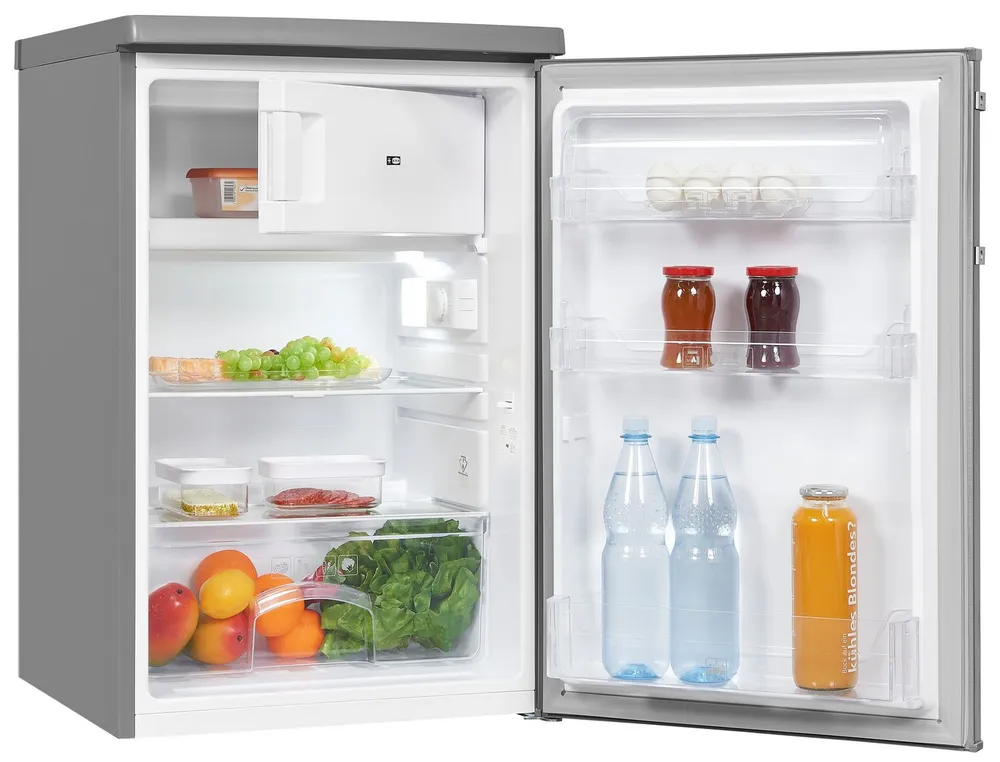 exquisit Kühlschrank KS16-4-HE-040E inoxlook, 85,5 cm hoch, 55 cm breit, Platzsparend & praktisch: 109 L Mini-Kombi mit Gefrierfach
