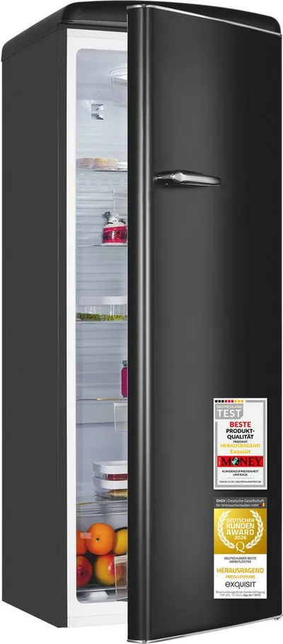exquisit Kühlschrank RKS325-V-H-160C mattschwarz, 146,5 cm hoch, 54,5 cm breit, LED-Beleuchtung, verstellbare Glasböden, Retro-Design