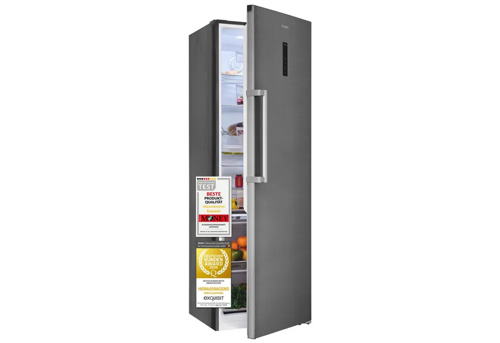 exquisit Vollraumkühlschrank KS5360-V-HE-040C, 185 cm hoch, 60 cm breit, 359 l Nutzinhalt, LED Beleuchtung, 4 Ablagen, Energieklasse C