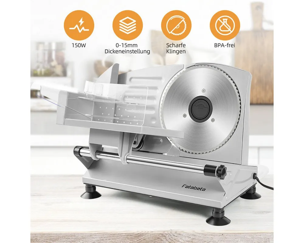 FATABETA Allesschneider Brotschneidemaschine Elektrisch, Edelstahl Aufschnittmaschine, 150,00 W, mit stufenlos einstellbarer Schnittstärke,mit Abnehmbarer 17 cm Klinge