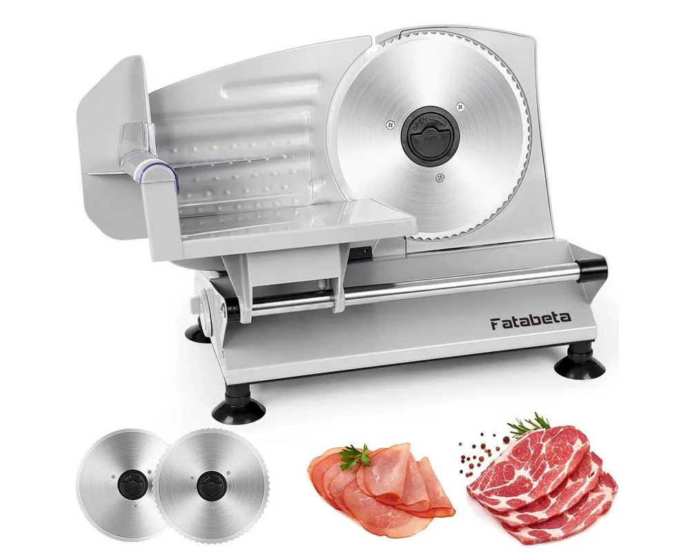 FATABETA Allesschneider Elektrischer Allesschneider, Verstellbare Küchenmaschine 0 bis 15mm, 150,00 W, 2 Klingen, Geeignet für Wurst, Brot, Schinken, Elektrisches Messer